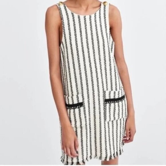 Zara TRF Striped Sleeveless Mini Sheath Dress - Black/White, Size Large NWT - Picture 1 of 10